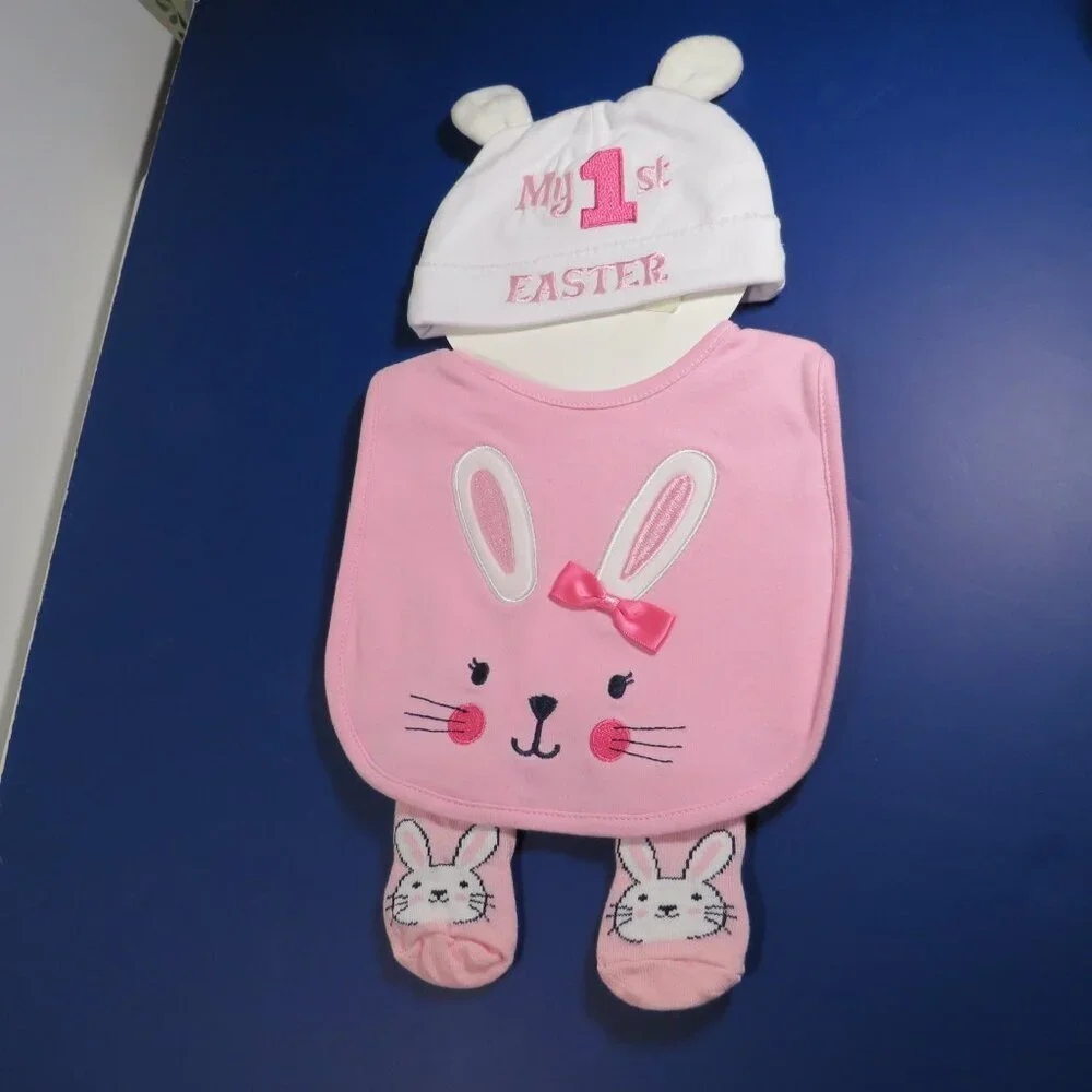 Baby pink bunny rabbit My First Easter set 0 to 6 months (Bib, Cap/Hat, Socks)